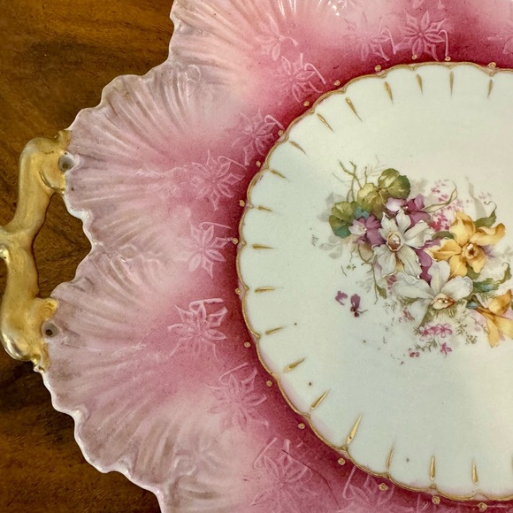 Antique Pink Floral Porcelain Decorative Cake Plate with Handles 12” - Picture 7 of 12